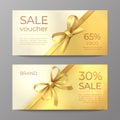 Luxury voucher card. Golden ribbon certificate, elegant celebration coupon, discount promotion flyer. Realistic vector Royalty Free Stock Photo