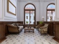 Luxury waiting area in a five-star hotel with massive wooden fur