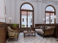 Luxury waiting area in a five-star hotel with massive wooden furniture