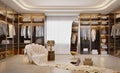 Luxury walk in closet interior with armchair and mirror.3d rendering