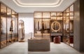 Luxury walk in closet interior with wood and gold elements.