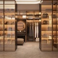 Luxury walk in closet interior with wood and gold elements.3d rendering