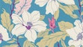 Luxury wallpaper, mystical pattern, vintage floral background. Delicate big flowers, blue, pink, green leaves. Generative AI Royalty Free Stock Photo