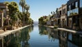 Luxury waterfront apartment with pool, palm trees, and stunning sunset generated by AI Royalty Free Stock Photo