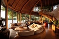 Luxury waterfront bamboo bungalow interior. Generative AI