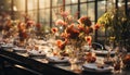 Luxury wedding banquet elegant decor, gourmet food, fine dining generated by AI