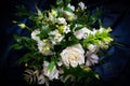 Luxury wedding bouquet on a blue background. Elegant composition of roses. Close-up view of a vibrant flowers Royalty Free Stock Photo