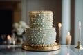 Luxury wedding cake on table, green and gold frosting. Generative AI Royalty Free Stock Photo