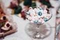 luxury wedding catering, table with modern marshmallow desserts, cupcakes, sweets with fruits. delicious candy bar at expensive w Royalty Free Stock Photo