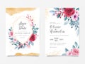 Luxury wedding invitation card template set with geometric floral frame and gold glitter decoration. Red and peach roses flowers Royalty Free Stock Photo