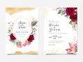 Luxury wedding invitation card template set with geometric floral frame and gold glitter decoration. Red roses flowers background Royalty Free Stock Photo