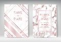 Luxury wedding Invitation. Set elegant cards celebration marble texture rose gold. Trendy delicate design template for banner, fly Royalty Free Stock Photo