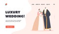 Luxury Wedding Landing Page Template. Traditional Arab Couple, Muslim Groom and Bride in Dress Holding Bouquet