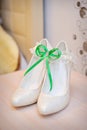 Luxury wedding shoes. Elegant bridal shoes and a white garter Royalty Free Stock Photo