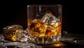 Luxury whiskey drinks on wood table with ice cubes generated by AI