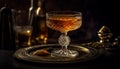 Luxury whiskey table, gold reflection, old fashioned elegance generated by AI
