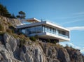 Luxury white beach house with sea or ocean view swimming pool. Modern high tech cottage on the mountain above the cliff Royalty Free Stock Photo