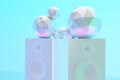 Luxury white candy-neon audio loudspeakers standing on white background with pastel colors