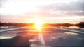 Luxury white car on highway, road. Very fast driving. Wonderfull sunset. Travel and motivation concept. 3d rendering.