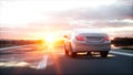 Luxury white car on highway, road. Very fast driving. Wonderfull sunset. Travel and motivation concept. 3d rendering. Royalty Free Stock Photo