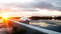 Luxury white car on highway, road. Very fast driving. Wonderfull sunset. Travel and motivation concept. 3d rendering. Royalty Free Stock Photo