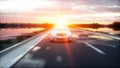 Luxury white car on highway, road. Very fast driving. Wonderfull sunset. Travel and motivation concept. 3d rendering. Royalty Free Stock Photo