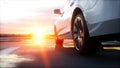 Luxury white car on highway, road. Very fast driving. Wonderfull sunset. Travel and motivation concept. 3d rendering.