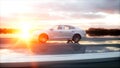 Luxury white car on highway, road. Very fast driving. Wonderfull sunset. Travel and motivation concept. 3d rendering. Royalty Free Stock Photo