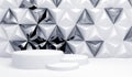 Luxury white geometric background with silver triangles and a three-level podium for presentations.