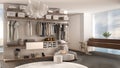 Luxury white and gray modern bedroom with walk-in closet with clothing, decor, parquet floor, panoramic window with winter