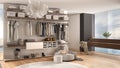 Luxury white and gray modern bedroom with walk-in closet with clothing, decor, parquet floor, panoramic window with winter