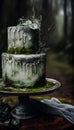 Luxury White and Green Swamp Wedding Cake Decorated With White Flowers on Light Theme Background AI Generative