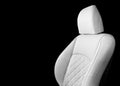 Luxury white leather interior. Part of white leather car seat details with stitching isolated on black. Interior of prestige car. Royalty Free Stock Photo