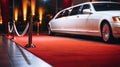 Luxury white limousine car with closed door near empty red carpet with rope barrier against night cityscape background. Celebrity