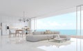 Luxury white living dining room with sea view 3d render