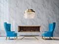 Luxury white marble mock-up wall with expensive blue armchairs, glass chandelier and modern built-in fireplace, living room