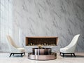 Luxury white marble mock-up wall with tufted white armchairs, brushed metal coffee table and modern built-in fireplace Royalty Free Stock Photo