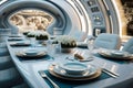 Luxury white party travel space spaceship dinner glass restaurant table Royalty Free Stock Photo