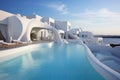 Luxury white villas on Santorini island, Greece, Two Deck Chair on Terrace with Pool and Stunning Sea View, AI Generated Royalty Free Stock Photo