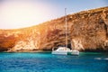 Luxury white yacht mediterranean walk beach Blue Lagoon Comino Malta Royalty Free Stock Photo