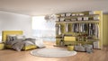 Luxury white and yellow modern bedroom with double bed and walk-in closet, clothing, parquet, panoramic window with winter