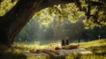 Luxury wine picnic under large shady tree. Royalty Free Stock Photo