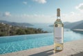 Luxury Wine Presentation White Wine Bottle Mockup with Blank Label, Infinity Pool Setting, Breathtaking View Royalty Free Stock Photo