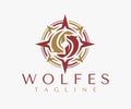Luxury wolf compass circle logo design. Elegance navigation wolf logo branding.