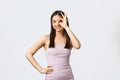 Luxury women, party and holidays concept. Confident pretty asian woman in evening dress saying no proble, guarantee all