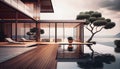 Luxury Wood Terrace, Wood Architecture, Modern Eco Hotel Drawing Imitation, Abstract Generative AI Illustration