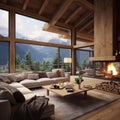 Luxury wooden chalet with fireplace. Interior design of modern living room with mountain view Royalty Free Stock Photo