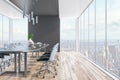 Luxury wooden and concrete meeting room interior with panoramic city view, daylight and large table with chairs. Corporate design Royalty Free Stock Photo