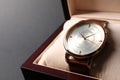 Luxury wrist watch in box on black background, closeup Royalty Free Stock Photo