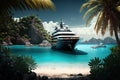 luxury yacht at anchor in quiet bay, with exotic beach and palm trees in the background